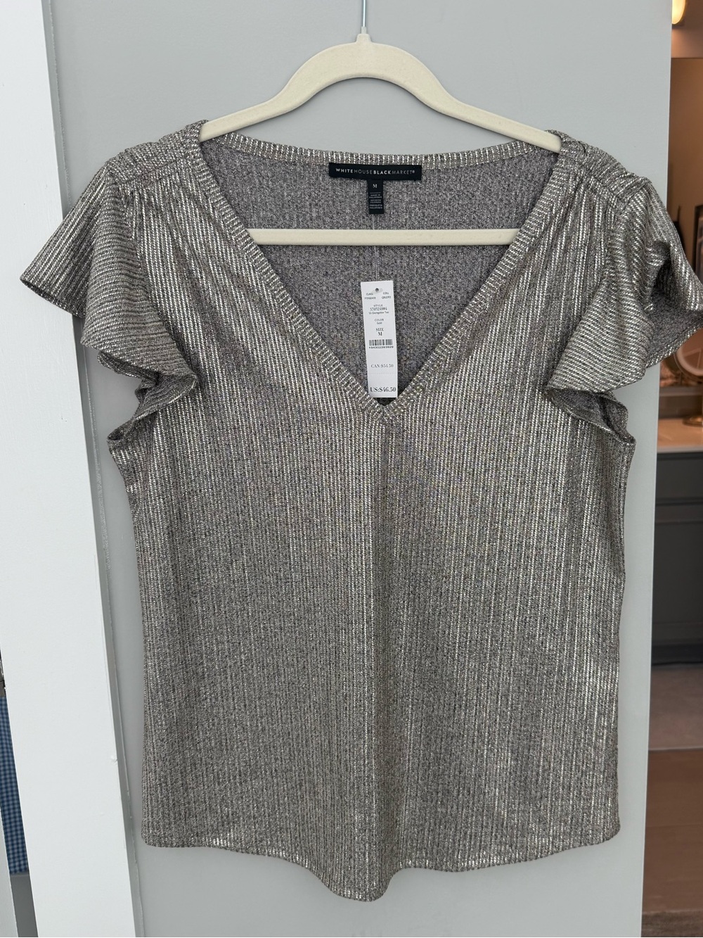 White House Black Market Silver Metallic V-Neck Ruffle Sleeve Top